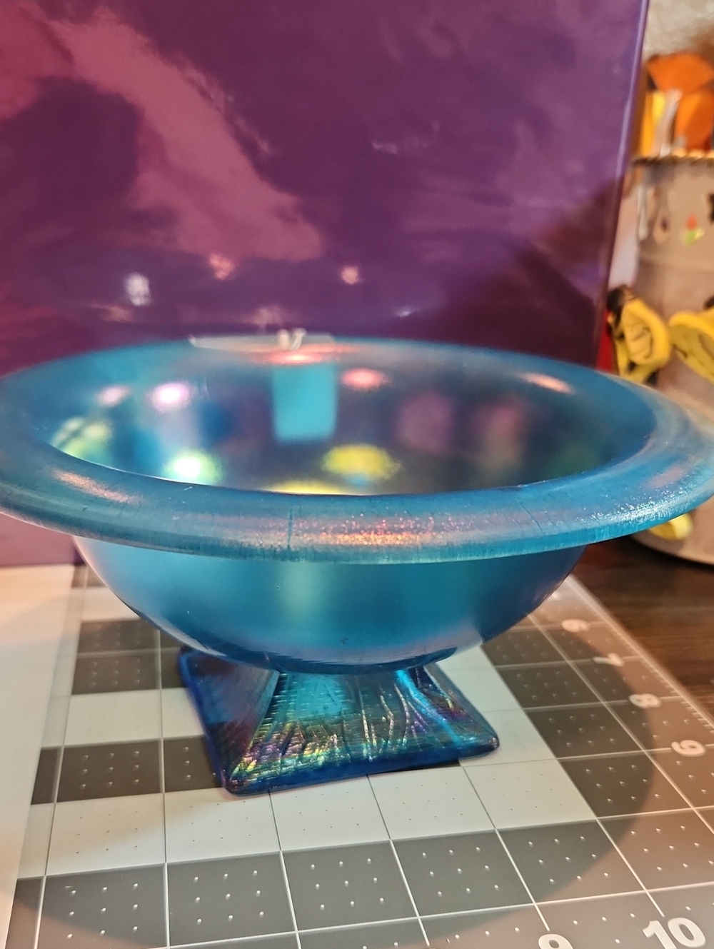 Vintage Fenton Celeste Blue Stretched Glass Pedestal Bowl